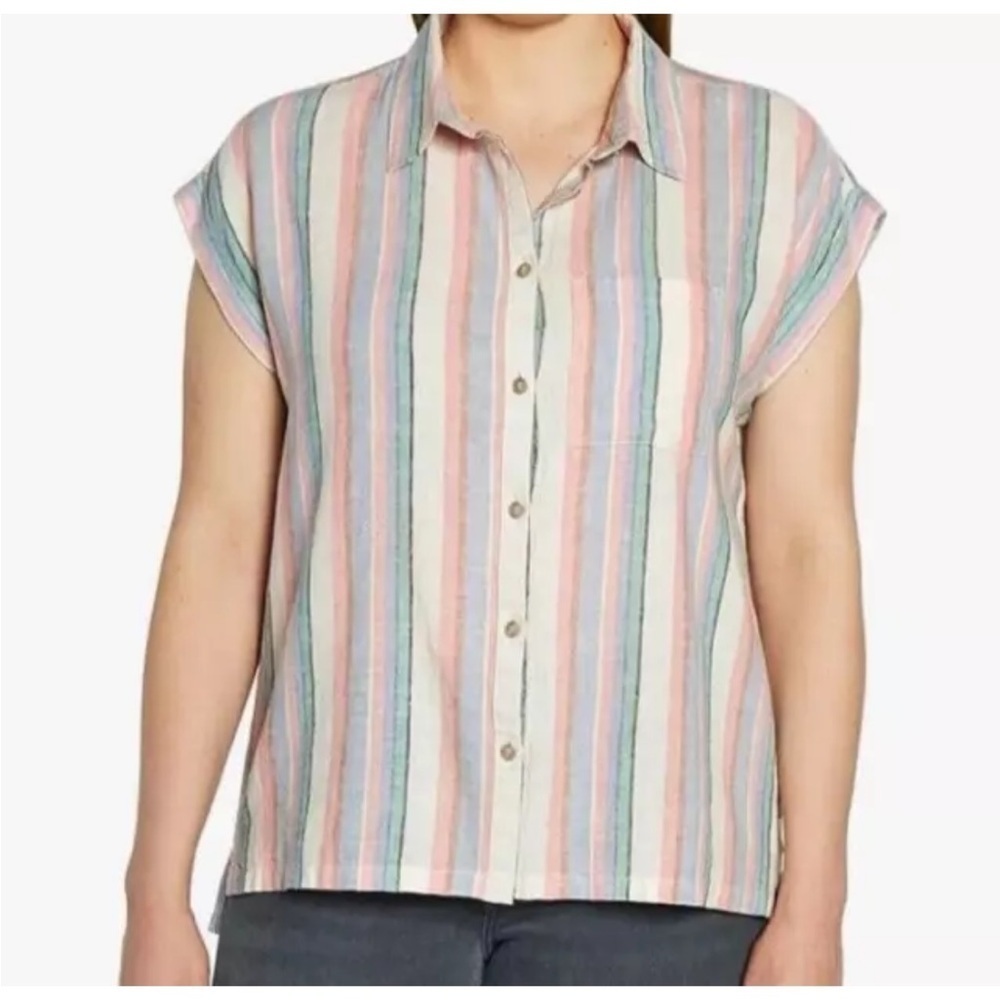 Women's Orvis Ladies Short Sleeve Button Up Linen Blend Shirt Top Stripe S